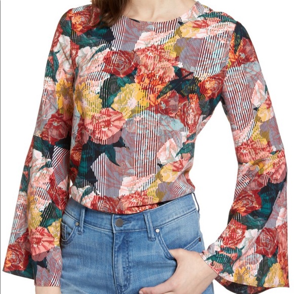 Halogen Bow Back Print Flare Sleeve Tunic, Size Small - Picture 1 of 4